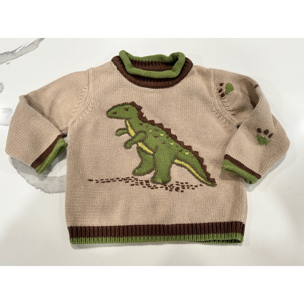 Harry & Me 2T Dino Dinosaur Knit‎ Sweater Toddler Kids Green Brown Beige